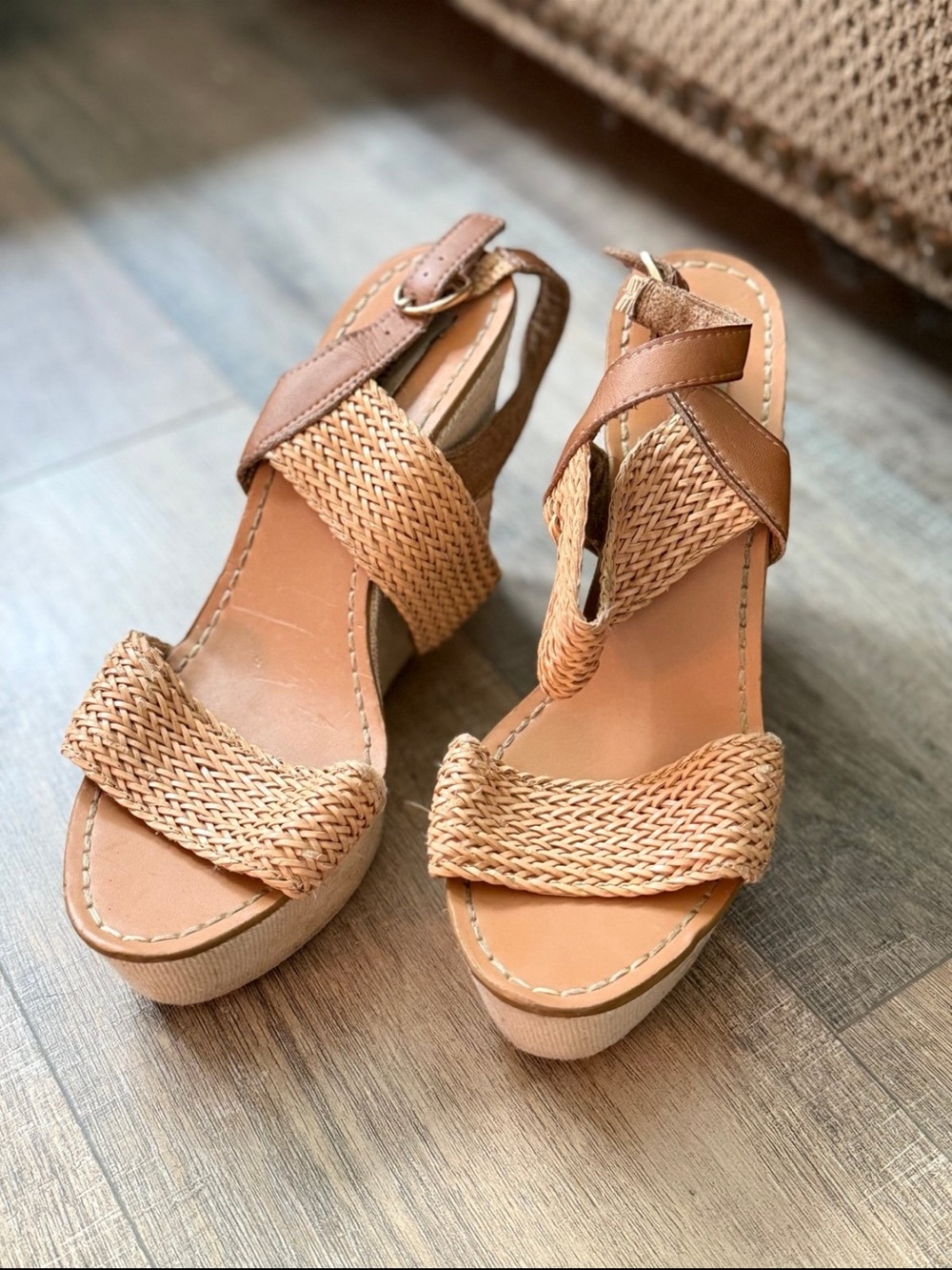 Steve Madden Y2K Tan Woven Platform Wedge Sandals